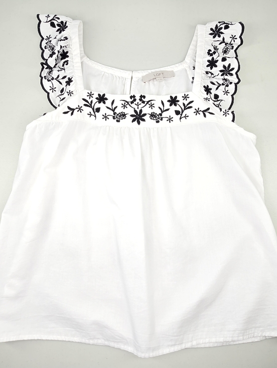 LOFT Embroidered Flutter Sleeve Square Neck Summer Top White & Black Size M - Picture 6 of 11